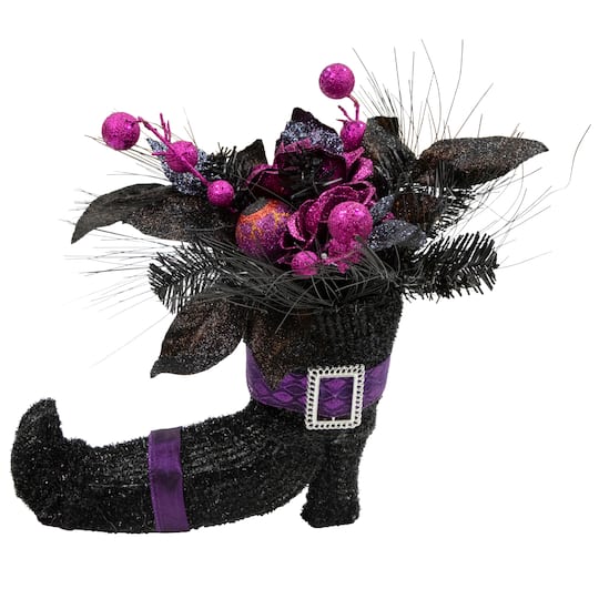 12&#x22; Black Witch&#x27;s Boot with Purple Glittered Roses Halloween Decoration